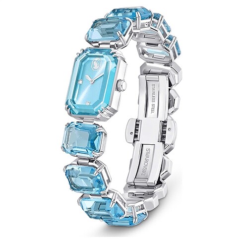  Beden mavi Renk Swarovski Sekizgen Kesim Bileklik Saat Mavi, Paslanmaz Çelik