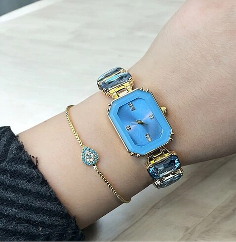  Beden Swarovski Sekizgen Kesim Bileklik Saat Mavi, Paslanmaz Çelik