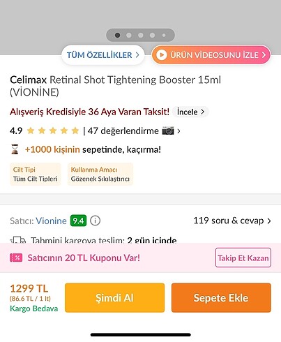 Beden Renk Celimax Retinal Shot Tightening Booster 15ml