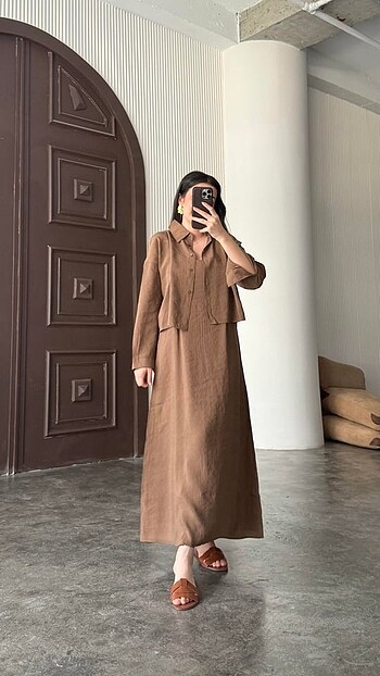 Zara KAHVE GÖMLEKLİ İP ASKILI TESETTÜR ELBİSE