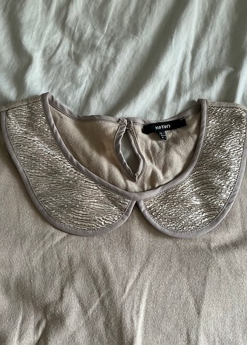 Bej Kadın Triko Yaka Detaylı Uzun Kollu Kazak - Görsel 2