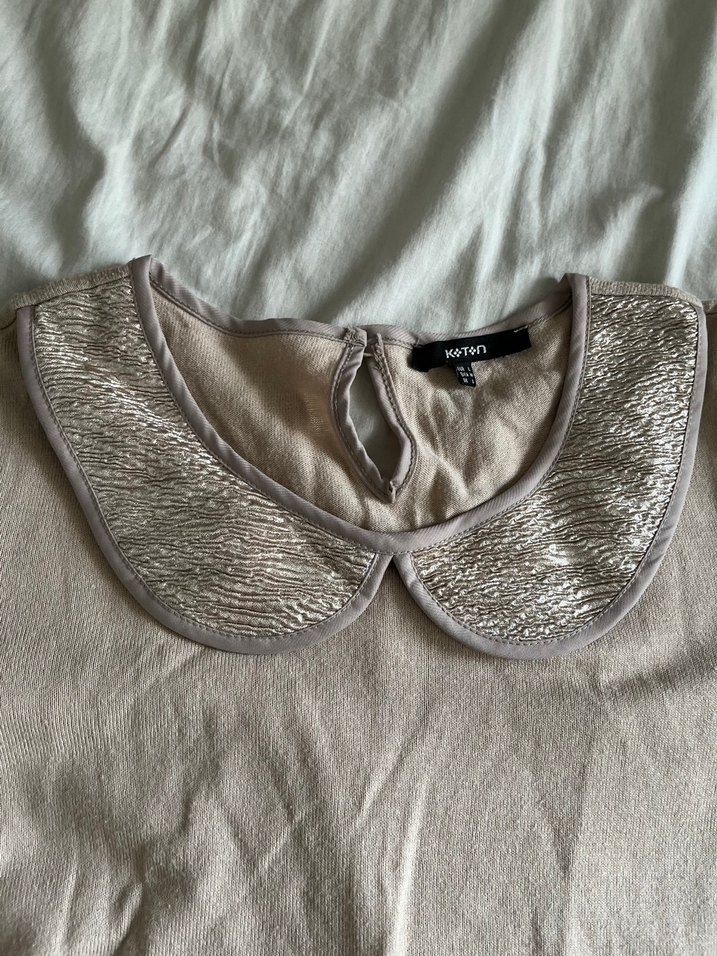 Bej Kadın Triko Yaka Detaylı Uzun Kollu Kazak - Görsel 2