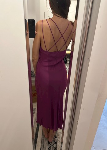 xs Beden Zara Mor Drapeli V Yakalı Midi Saten Elbise