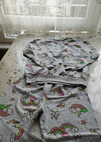 Kız Çocuk Gri Desenli Uzun Kollu Pijama Takımı - Görsel 6