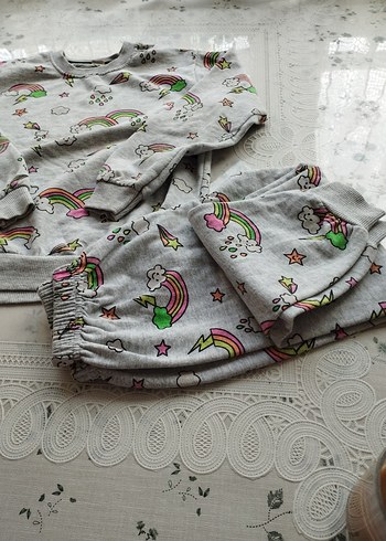 Kız Çocuk Gri Desenli Uzun Kollu Pijama Takımı - Görsel 4