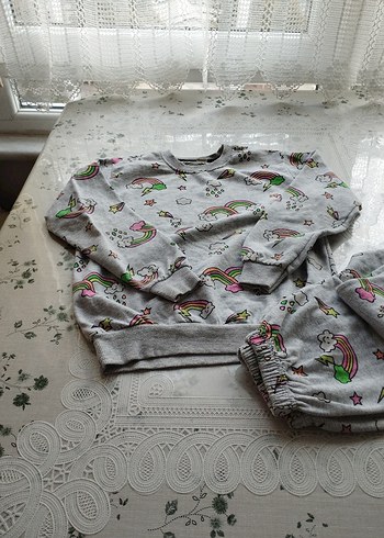 Kız Çocuk Gri Desenli Uzun Kollu Pijama Takımı - Görsel 7