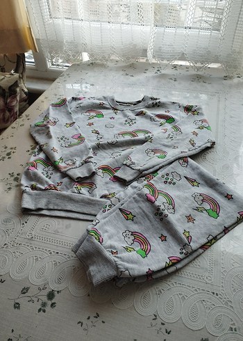 Kız Çocuk Gri Desenli Uzun Kollu Pijama Takımı - Görsel 3