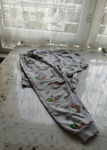 Kız Çocuk Gri Desenli Uzun Kollu Pijama Takımı - Görsel 9