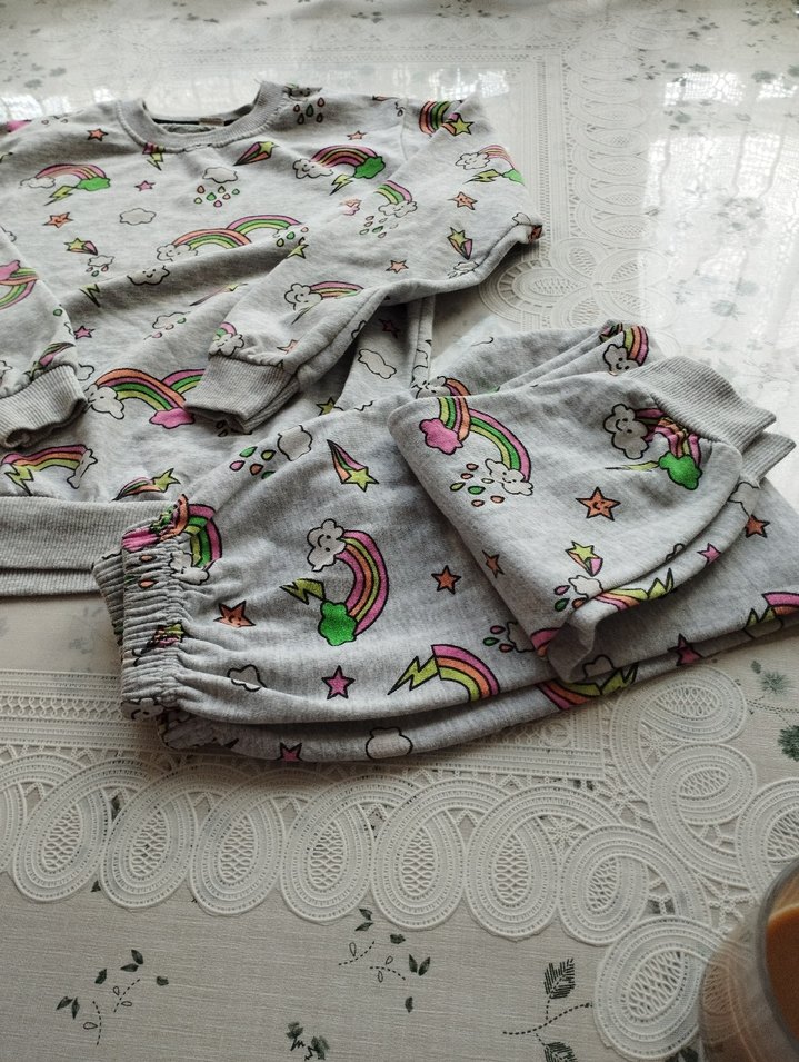 Kız Çocuk Gri Desenli Uzun Kollu Pijama Takımı - Görsel 4