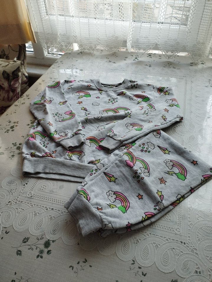 Kız Çocuk Gri Desenli Uzun Kollu Pijama Takımı - Görsel 3