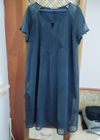 Navy Bohem Midi Elbise, Kısa Kollu, Salaş Kesim - Görsel 4