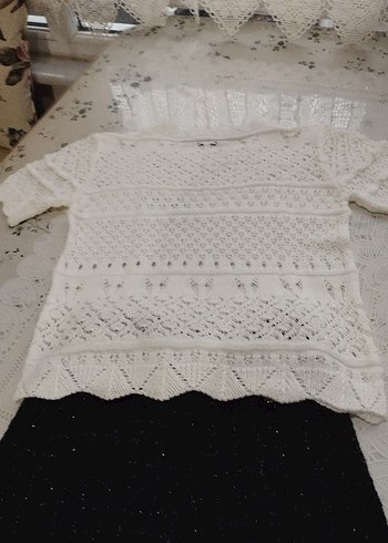 Beyaz Nakışlı Bohem Kısa Örgü Kazak - Görsel 8