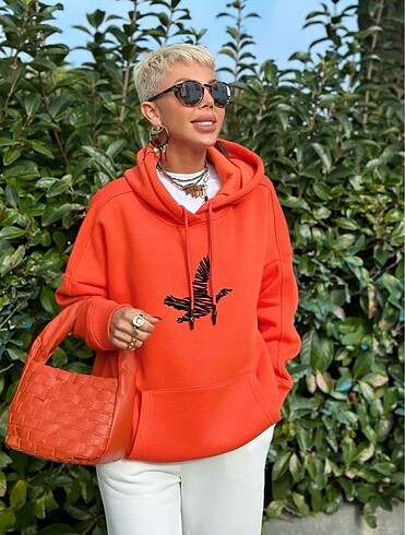 Oranj kapüşonlu cepli Sweatshirt