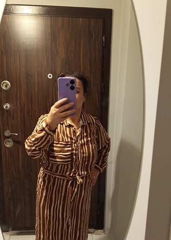 Kahverengi Zebra Desenli Uzun Bohem Elbise - Görsel 6