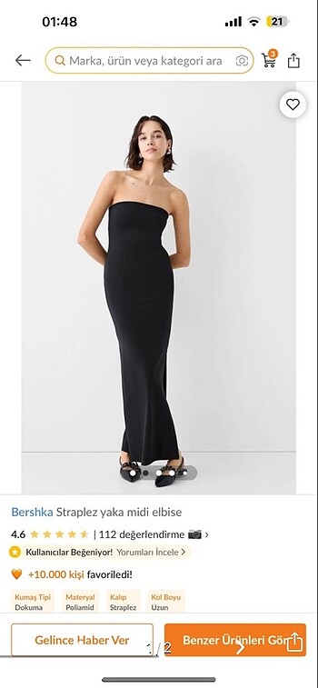 Bershka straplez uzun elbise