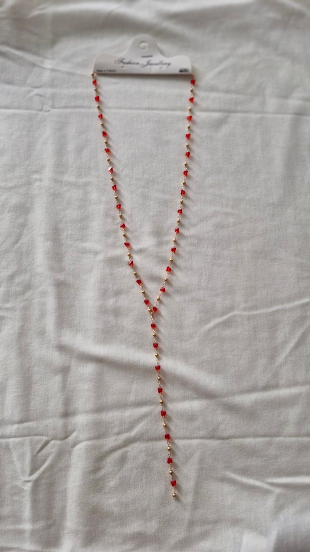Uzun Kırmızı Boncuklu Bohem Kolye - Görsel 2