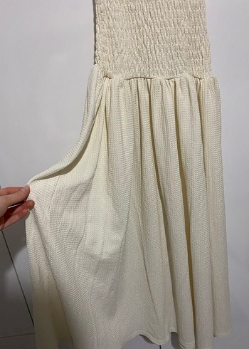 Kadın Beyaz Keten Pilili Uzun Elbise - Görsel 4