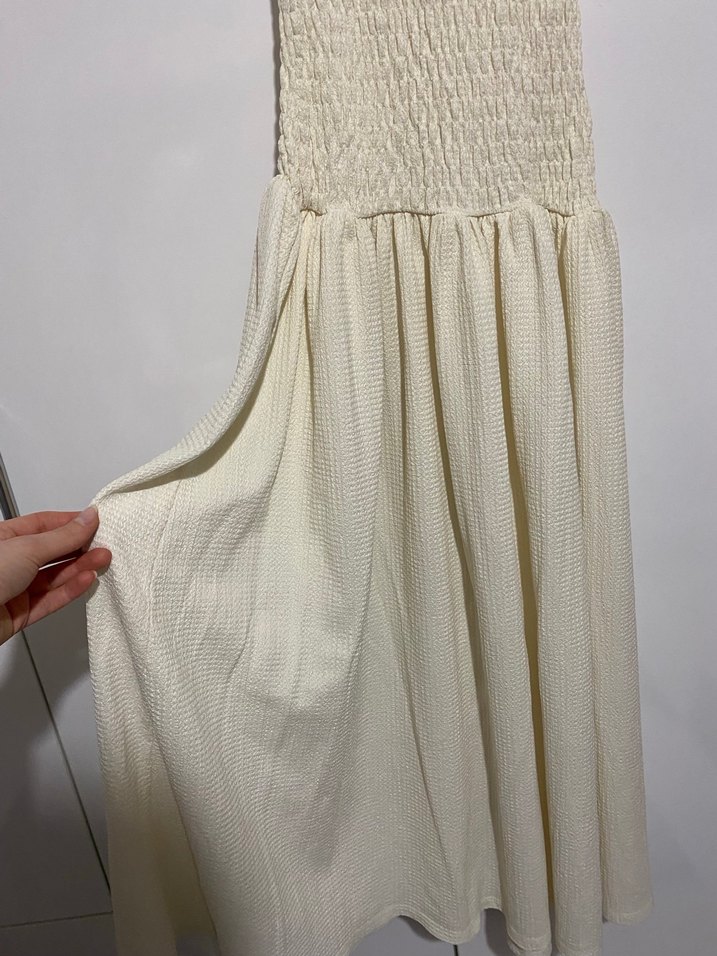 Kadın Beyaz Keten Pilili Uzun Elbise - Görsel 4