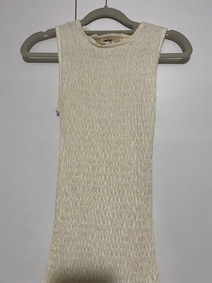 Kadın Beyaz Keten Pilili Uzun Elbise - Görsel 3