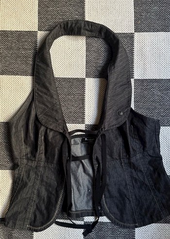 m Beden Kadın Gri Denim Kemerli Halter Yaka Yelek Top
