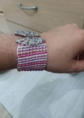 Beden Pembe İşlemeli Boncuklu Bohem Bileklik el dokuma