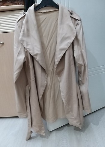 Diğer Bej Kadın Keten Midi Trençkot iki kol arası 45 boy 68 cm