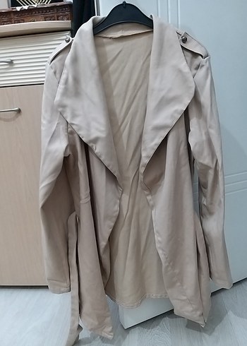38 Beden ten rengi Renk Bej Kadın Keten Midi Trençkot iki kol arası 45 boy 68 cm