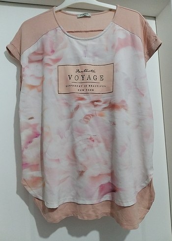 xl Beden pembe Renk V Yaka Pembe Baskılı Kısa Kollu Kadın Tişört xl