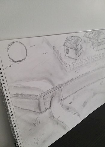 Gri Beyaz Kalem Eskiz Manzara Tablosu kara kalem çalışması - Görsel 3