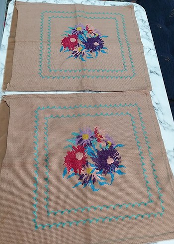 Renkli Çiçek Desenli El İşlemesi 2 adet kırlent kılıfı nostalji - Görsel 6