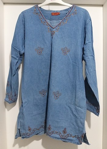 Nakışlı Mavi Uzun Kollu Denim Tunik m l beden - Görsel 8
