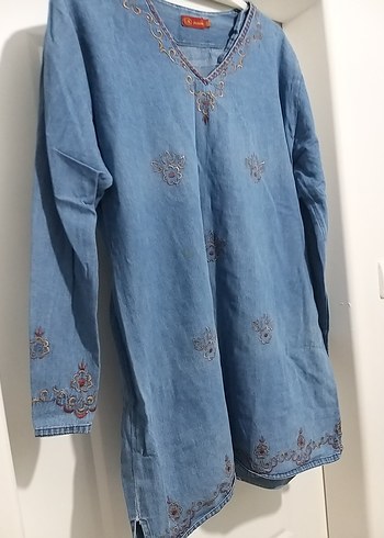 Nakışlı Mavi Uzun Kollu Denim Tunik m l beden - Görsel 6
