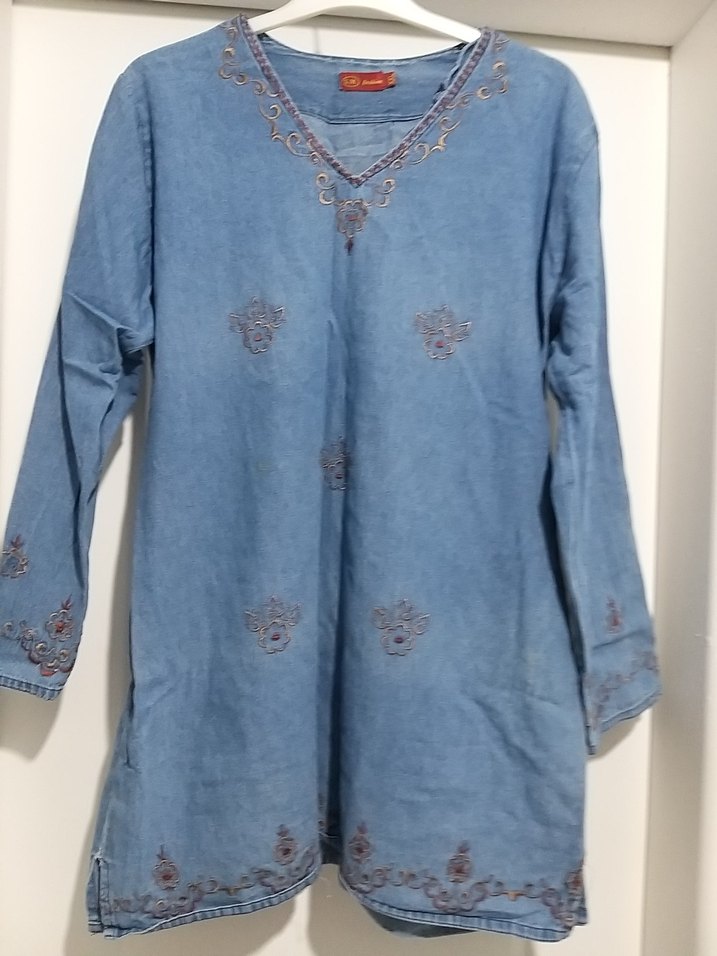Nakışlı Mavi Uzun Kollu Denim Tunik m l beden - Görsel 2