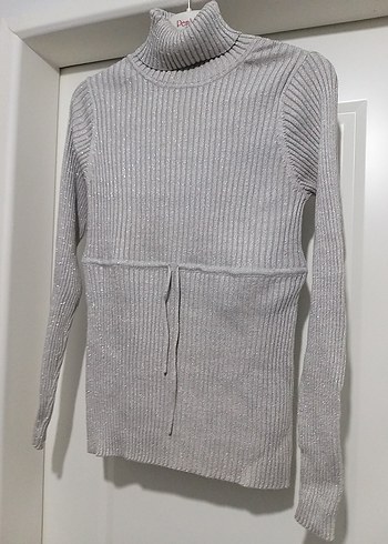 Gri Kadın Boğazlı simli merserise Triko Kazak baya esnek - Görsel 3