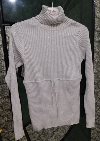 Gri Kadın Boğazlı simli merserise Triko Kazak baya esnek - Görsel 5