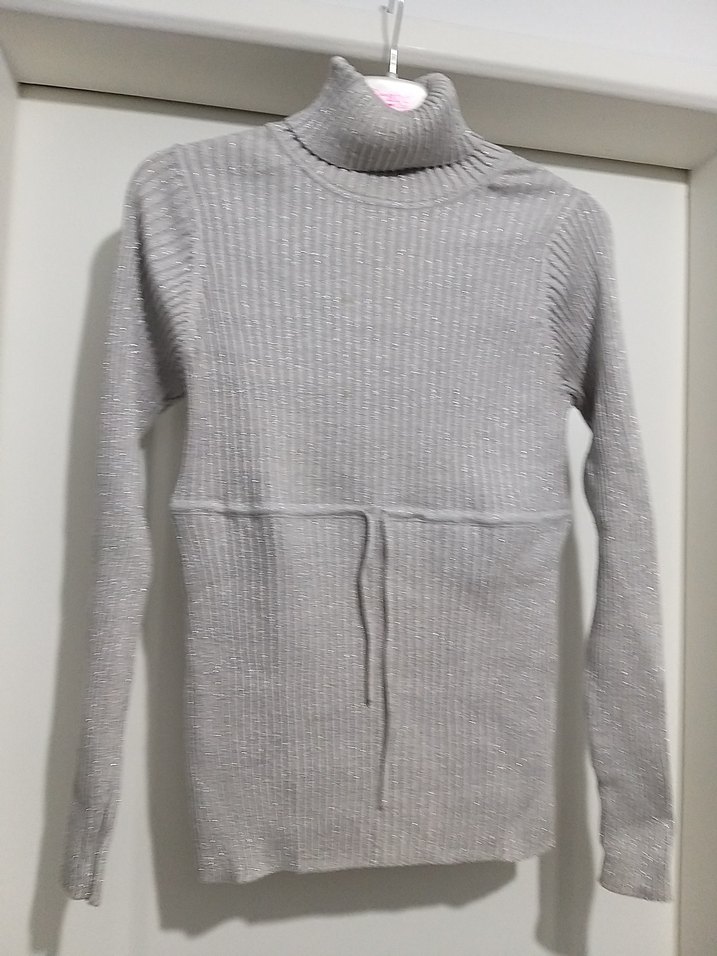 Gri Kadın Boğazlı simli merserise Triko Kazak baya esnek - Görsel 2