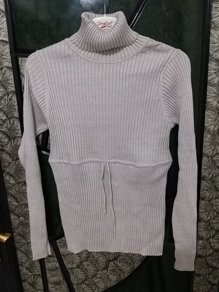 Gri Kadın Boğazlı simli merserise Triko Kazak baya esnek - Görsel 4