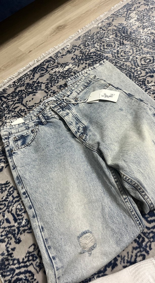 Gri Batik Desenli Salaş Midi Kot Pantolon - Görsel 4