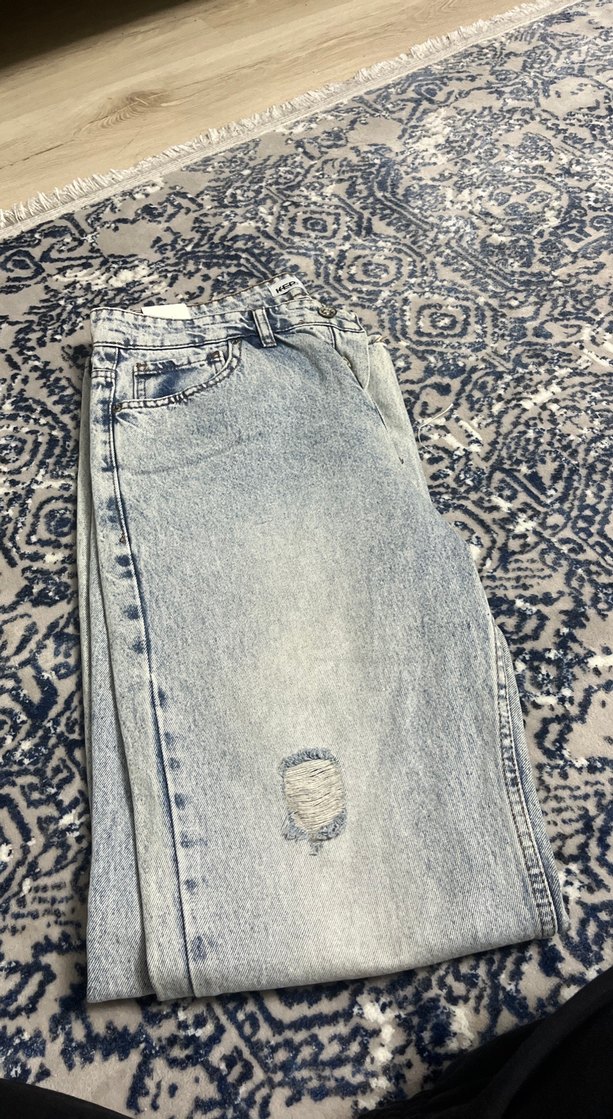 Gri Batik Desenli Salaş Midi Kot Pantolon - Görsel 2