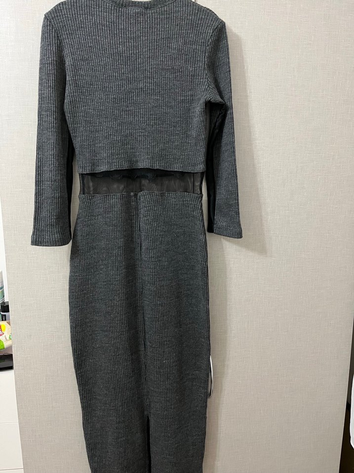 Gri Uzun Kollu Kemerli Kadın Elbise - Görsel 2