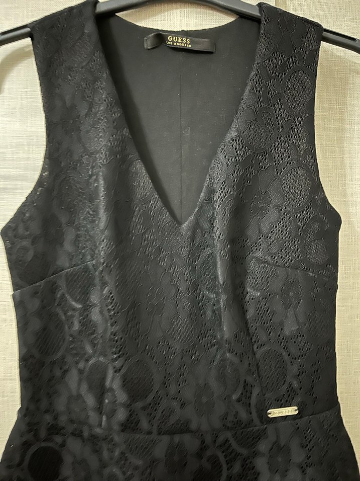 Siyah Dantelli V Yakalı Midi Elbise - Görsel 2