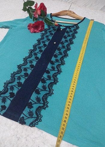 Uzun Kollu Turkuaz Nakışlı Kadın Bluz - Görsel 5