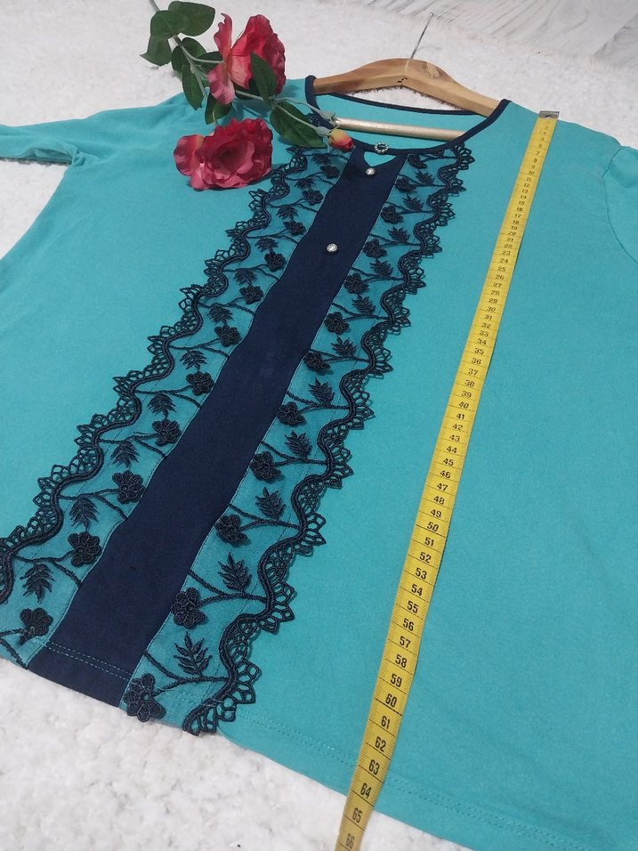 Uzun Kollu Turkuaz Nakışlı Kadın Bluz - Görsel 5