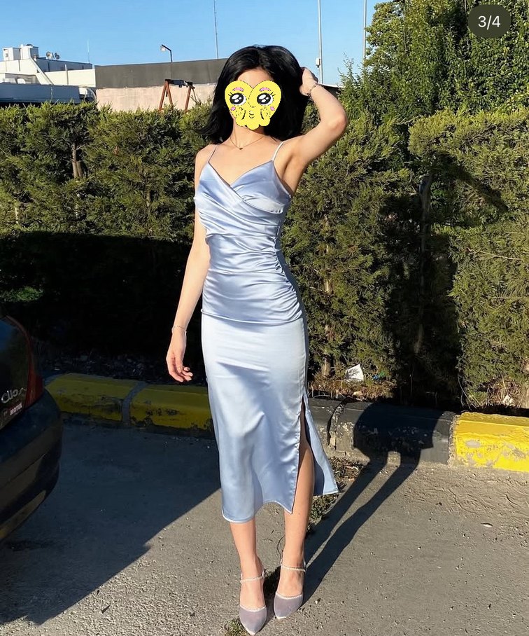 mavi saten elbise - Görsel 2