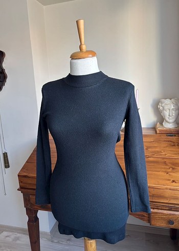 Siyah, Yüksek Yakalı, Kore stil Elbise - Görsel 6