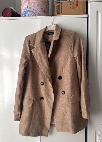 m Beden Düğmeli Bej Kadın Keten Blazer Ceket
