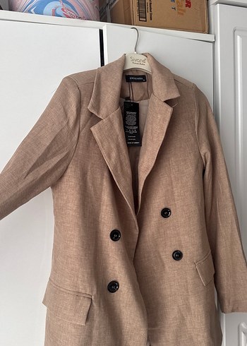 m Beden camel Renk Düğmeli Bej Kadın Keten Blazer Ceket