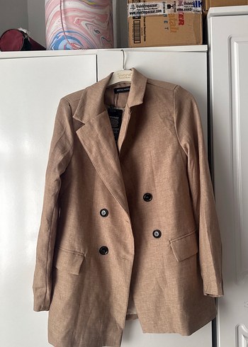 Zara Düğmeli Bej Kadın Keten Blazer Ceket