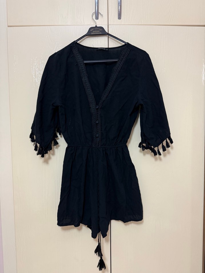 Püsküllü V Yaka Siyah Bohem pareo - Görsel 2