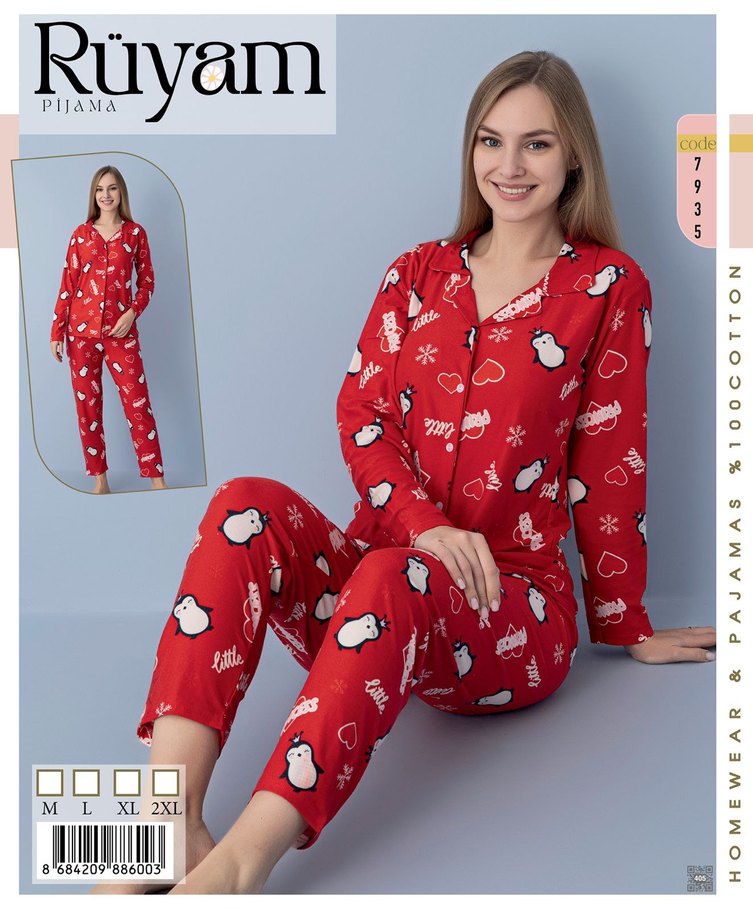 Bordo Puantiyeli Uzun Kollu Kadın Pijama Takımı - Görsel 2